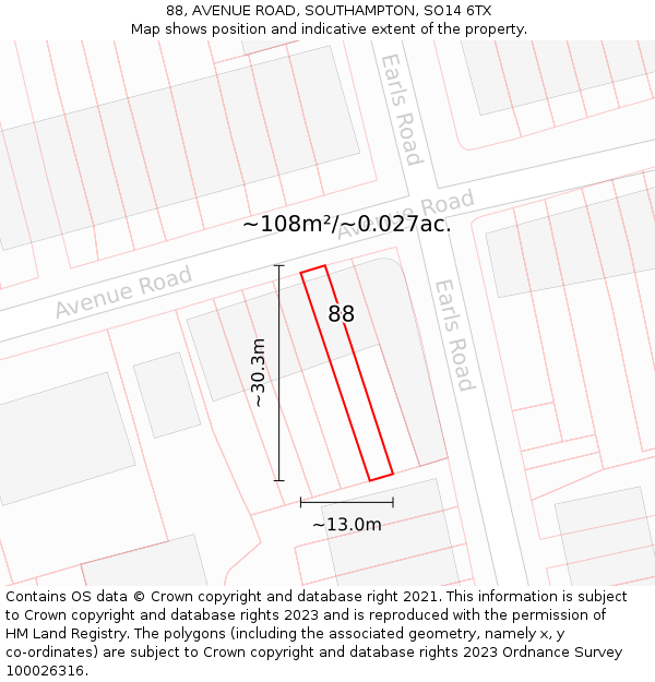 88, AVENUE ROAD, SOUTHAMPTON, SO14 6TX: Plot and title map