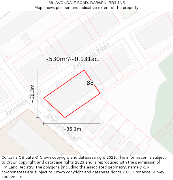 88, AVONDALE ROAD, DARWEN, BB3 1NS: Plot and title map