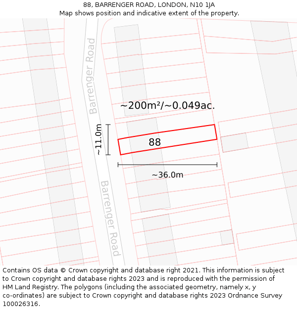 88, BARRENGER ROAD, LONDON, N10 1JA: Plot and title map