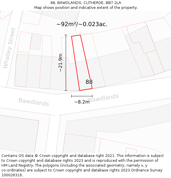 88, BAWDLANDS, CLITHEROE, BB7 2LA: Plot and title map