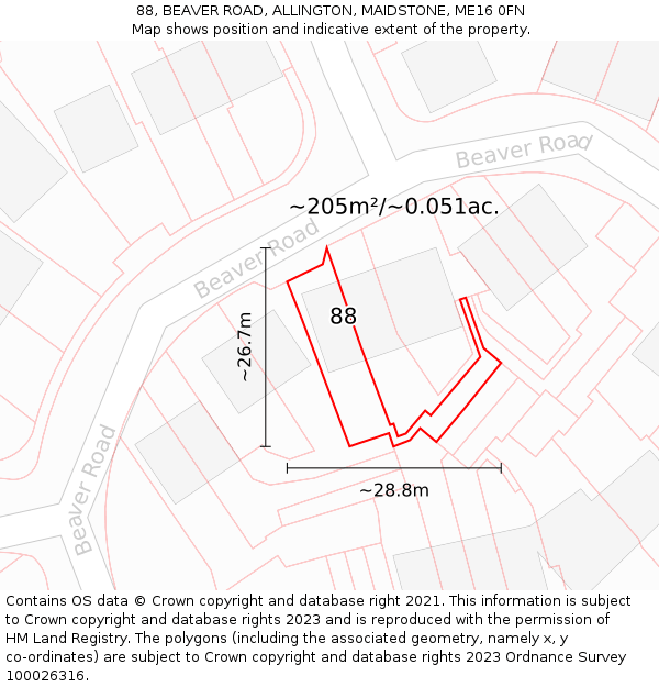 88, BEAVER ROAD, ALLINGTON, MAIDSTONE, ME16 0FN: Plot and title map