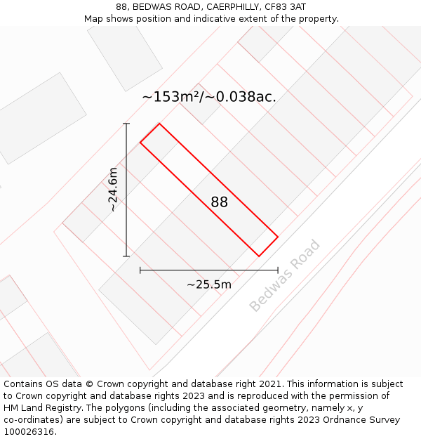 88, BEDWAS ROAD, CAERPHILLY, CF83 3AT: Plot and title map