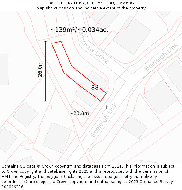 88, BEELEIGH LINK, CHELMSFORD, CM2 6RG: Plot and title map