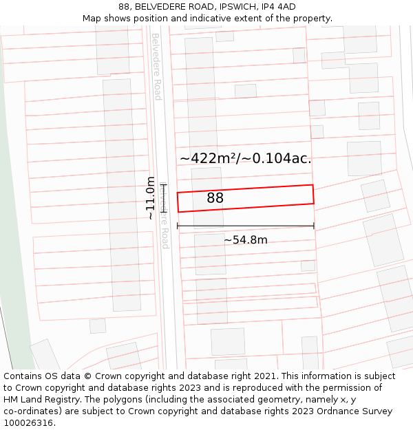 88, BELVEDERE ROAD, IPSWICH, IP4 4AD: Plot and title map