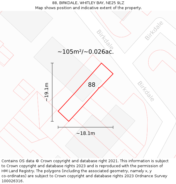 88, BIRKDALE, WHITLEY BAY, NE25 9LZ: Plot and title map
