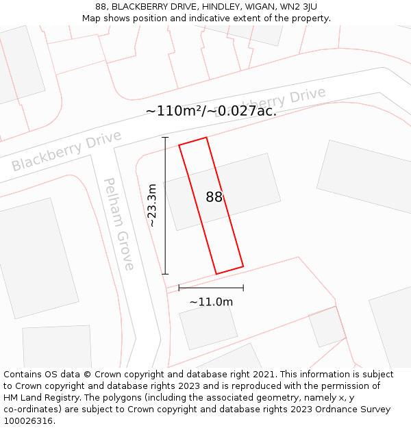 88, BLACKBERRY DRIVE, HINDLEY, WIGAN, WN2 3JU: Plot and title map