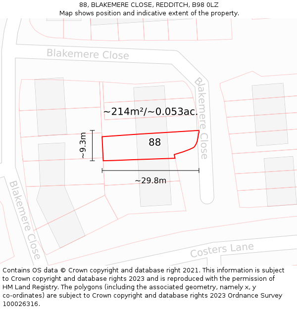 88, BLAKEMERE CLOSE, REDDITCH, B98 0LZ: Plot and title map