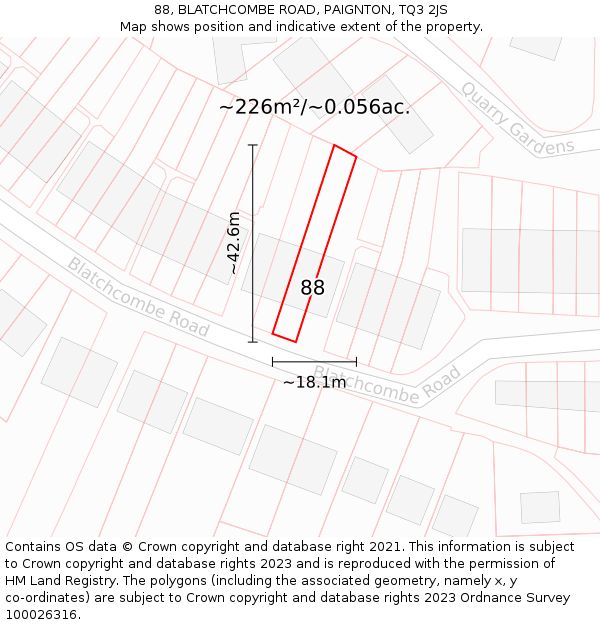 88, BLATCHCOMBE ROAD, PAIGNTON, TQ3 2JS: Plot and title map