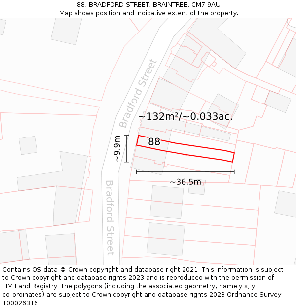 88, BRADFORD STREET, BRAINTREE, CM7 9AU: Plot and title map