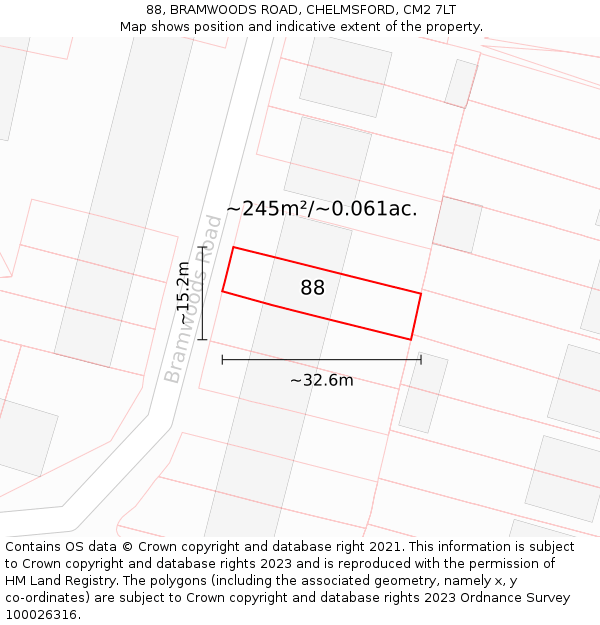 88, BRAMWOODS ROAD, CHELMSFORD, CM2 7LT: Plot and title map