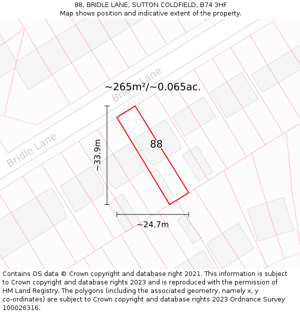 88, BRIDLE LANE, SUTTON COLDFIELD, B74 3HF: Plot and title map