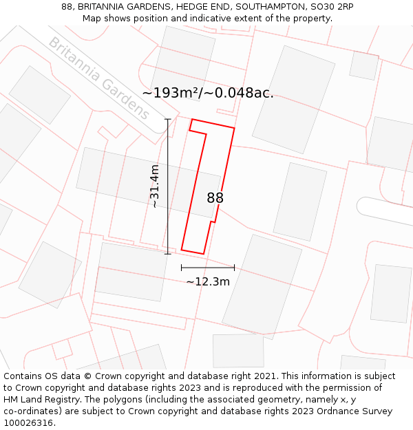 88, BRITANNIA GARDENS, HEDGE END, SOUTHAMPTON, SO30 2RP: Plot and title map