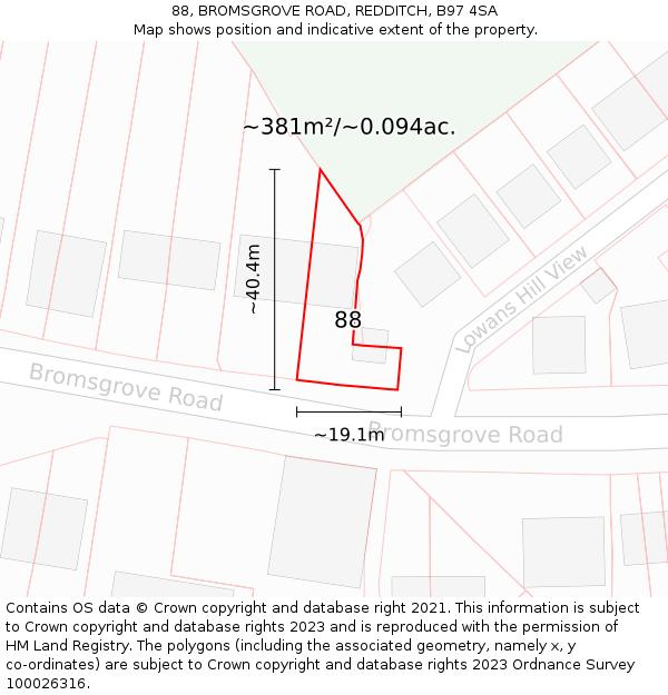 88, BROMSGROVE ROAD, REDDITCH, B97 4SA: Plot and title map