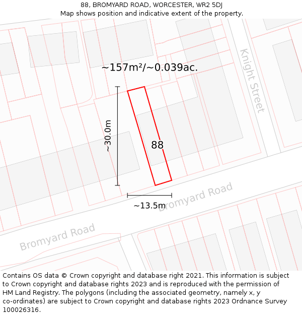 88, BROMYARD ROAD, WORCESTER, WR2 5DJ: Plot and title map