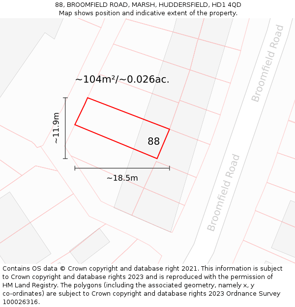 88, BROOMFIELD ROAD, MARSH, HUDDERSFIELD, HD1 4QD: Plot and title map