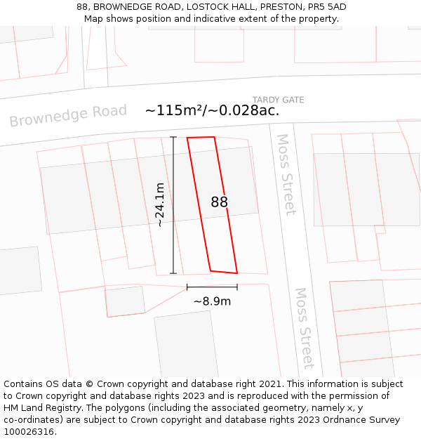 88, BROWNEDGE ROAD, LOSTOCK HALL, PRESTON, PR5 5AD: Plot and title map