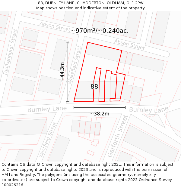 88, BURNLEY LANE, CHADDERTON, OLDHAM, OL1 2PW: Plot and title map