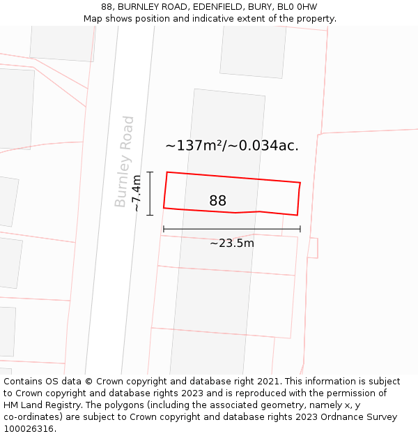 88, BURNLEY ROAD, EDENFIELD, BURY, BL0 0HW: Plot and title map