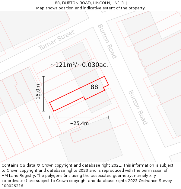 88, BURTON ROAD, LINCOLN, LN1 3LJ: Plot and title map