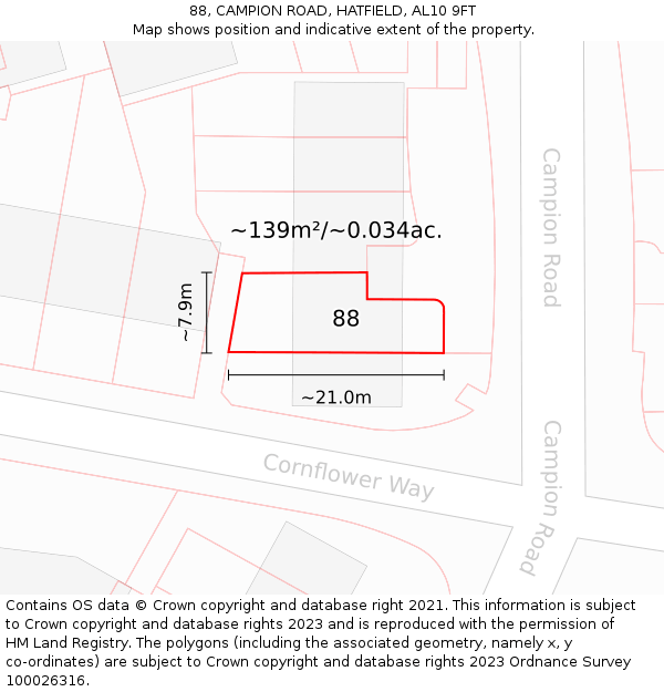 88, CAMPION ROAD, HATFIELD, AL10 9FT: Plot and title map