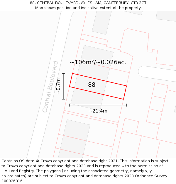 88, CENTRAL BOULEVARD, AYLESHAM, CANTERBURY, CT3 3GT: Plot and title map