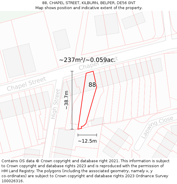 88, CHAPEL STREET, KILBURN, BELPER, DE56 0NT: Plot and title map