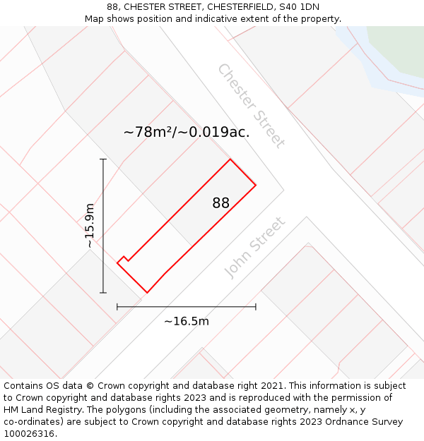 88, CHESTER STREET, CHESTERFIELD, S40 1DN: Plot and title map