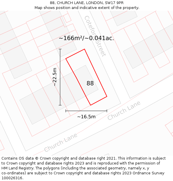 88, CHURCH LANE, LONDON, SW17 9PR: Plot and title map