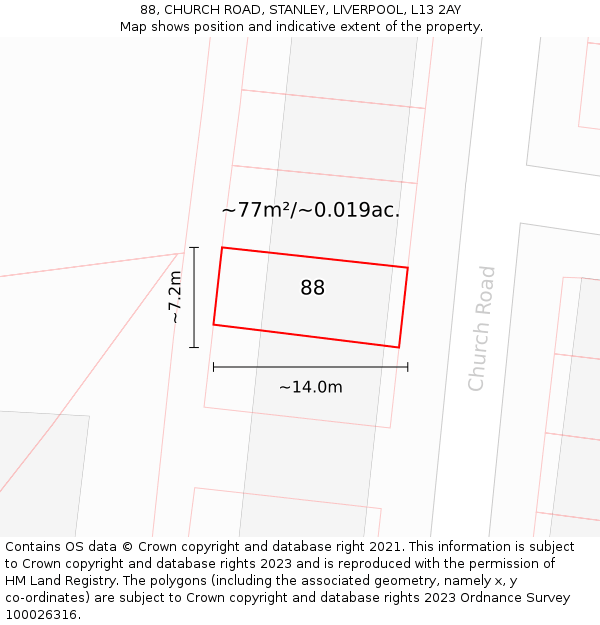 88, CHURCH ROAD, STANLEY, LIVERPOOL, L13 2AY: Plot and title map