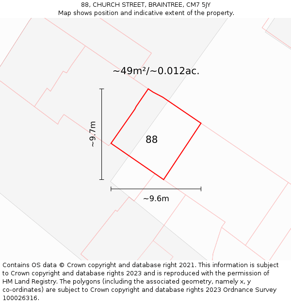 88, CHURCH STREET, BRAINTREE, CM7 5JY: Plot and title map