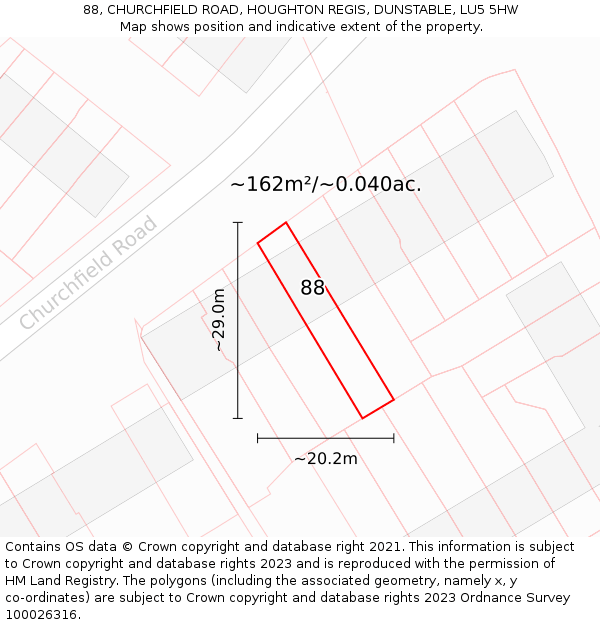 88, CHURCHFIELD ROAD, HOUGHTON REGIS, DUNSTABLE, LU5 5HW: Plot and title map