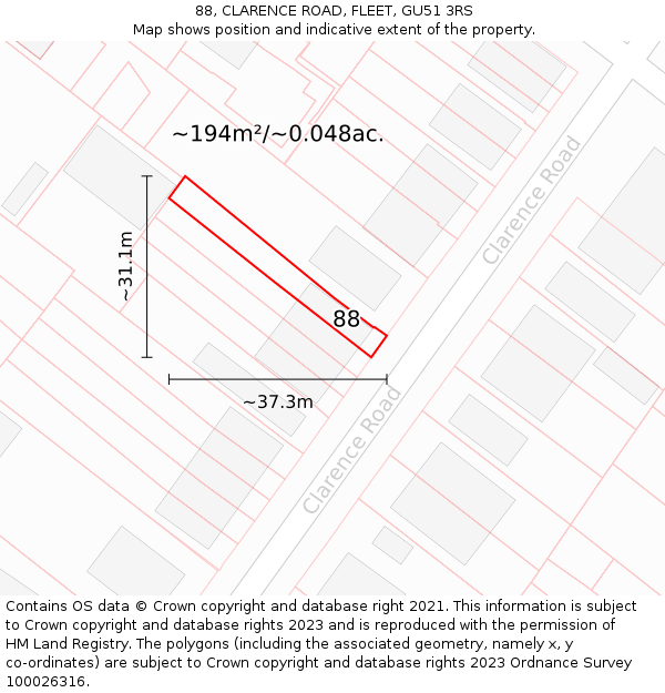 88, CLARENCE ROAD, FLEET, GU51 3RS: Plot and title map