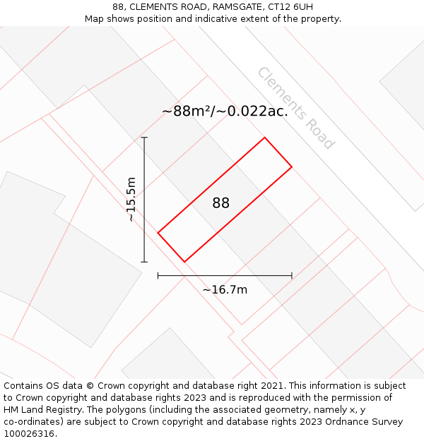 88, CLEMENTS ROAD, RAMSGATE, CT12 6UH: Plot and title map
