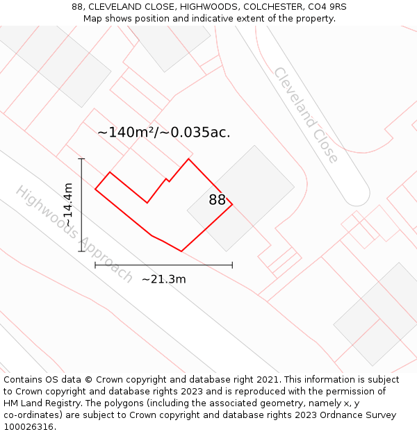 88, CLEVELAND CLOSE, HIGHWOODS, COLCHESTER, CO4 9RS: Plot and title map