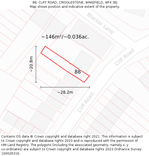 88, CLIFF ROAD, CRIGGLESTONE, WAKEFIELD, WF4 3EJ: Plot and title map