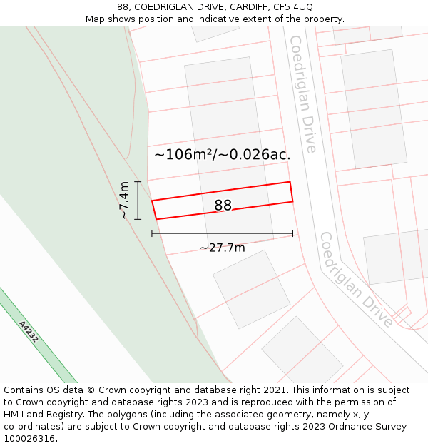 88, COEDRIGLAN DRIVE, CARDIFF, CF5 4UQ: Plot and title map