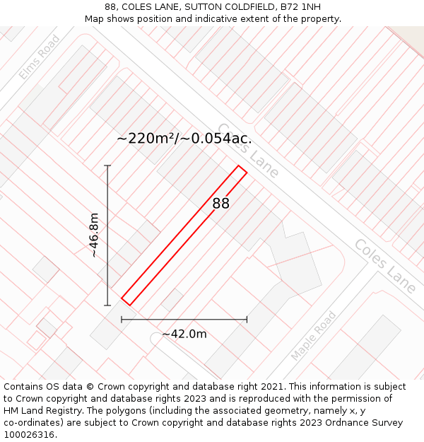 88, COLES LANE, SUTTON COLDFIELD, B72 1NH: Plot and title map