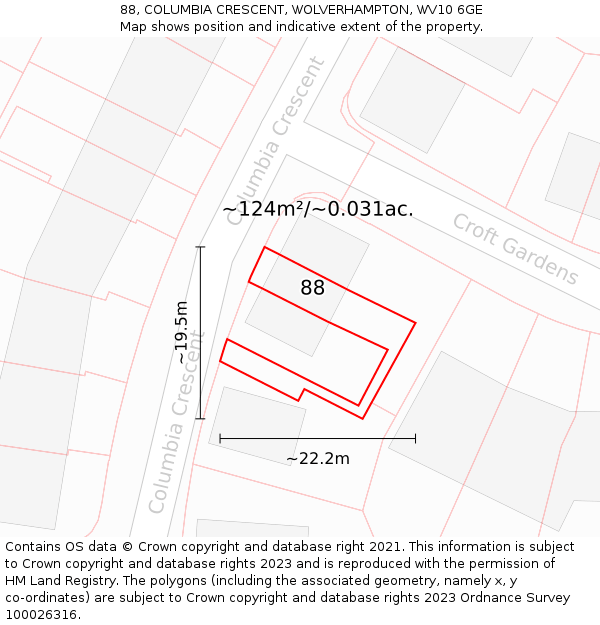 88, COLUMBIA CRESCENT, WOLVERHAMPTON, WV10 6GE: Plot and title map