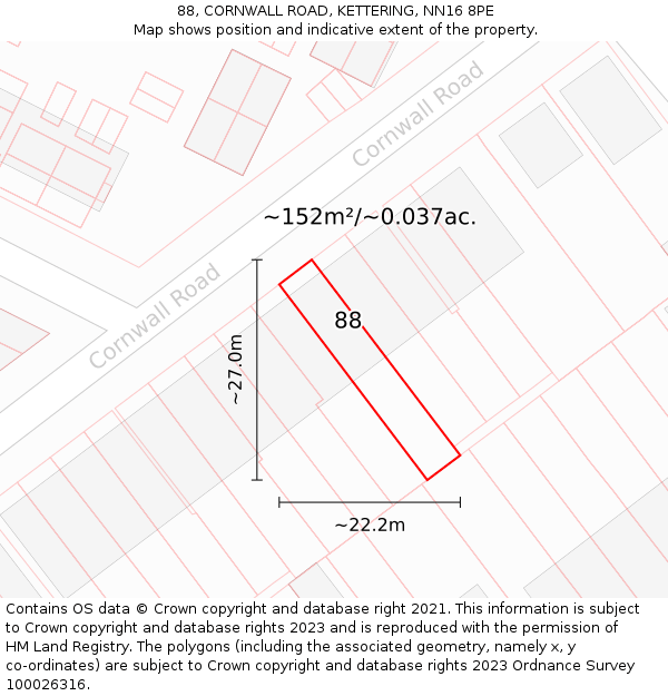 88, CORNWALL ROAD, KETTERING, NN16 8PE: Plot and title map