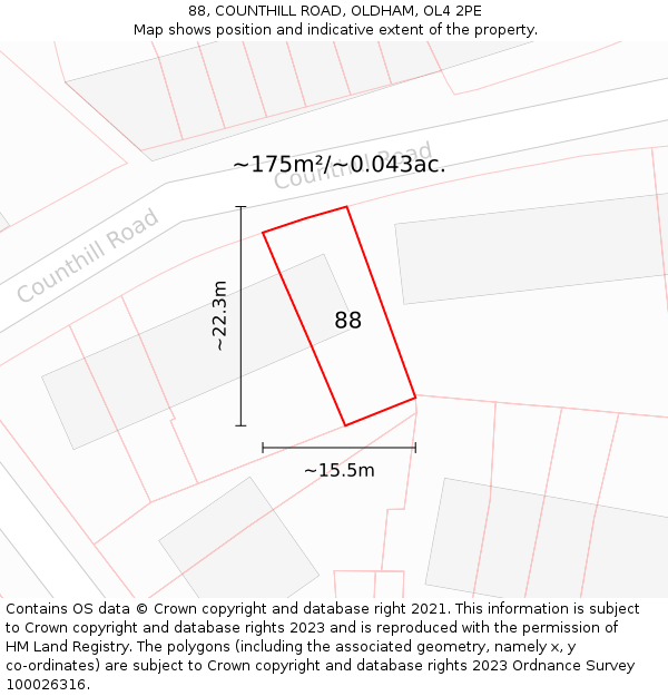 88, COUNTHILL ROAD, OLDHAM, OL4 2PE: Plot and title map