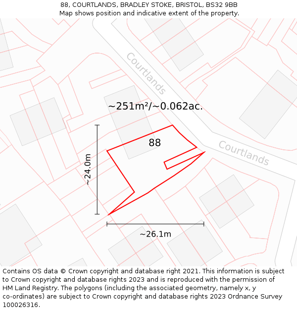 88, COURTLANDS, BRADLEY STOKE, BRISTOL, BS32 9BB: Plot and title map