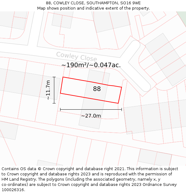 88, COWLEY CLOSE, SOUTHAMPTON, SO16 9WE: Plot and title map