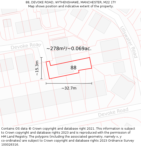 88, DEVOKE ROAD, WYTHENSHAWE, MANCHESTER, M22 1TY: Plot and title map