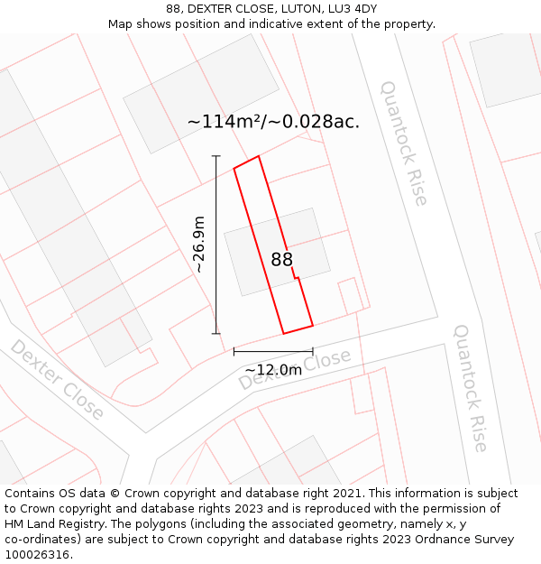 88, DEXTER CLOSE, LUTON, LU3 4DY: Plot and title map
