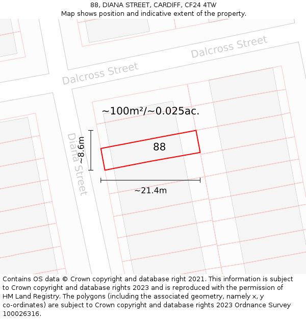 88, DIANA STREET, CARDIFF, CF24 4TW: Plot and title map