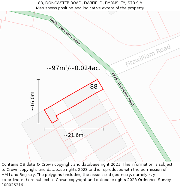 88, DONCASTER ROAD, DARFIELD, BARNSLEY, S73 9JA: Plot and title map