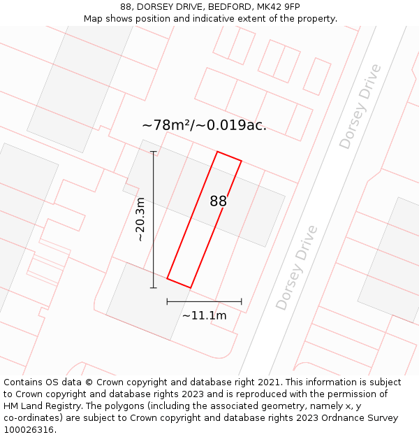 88, DORSEY DRIVE, BEDFORD, MK42 9FP: Plot and title map