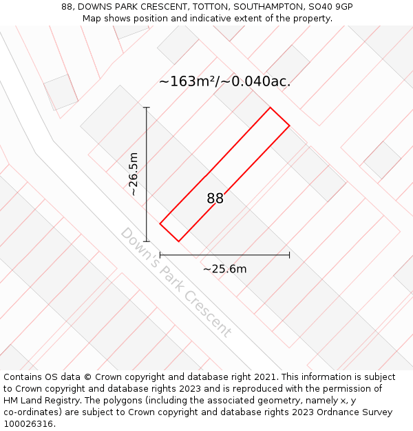 88, DOWNS PARK CRESCENT, TOTTON, SOUTHAMPTON, SO40 9GP: Plot and title map