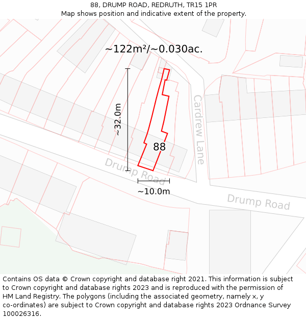 88, DRUMP ROAD, REDRUTH, TR15 1PR: Plot and title map