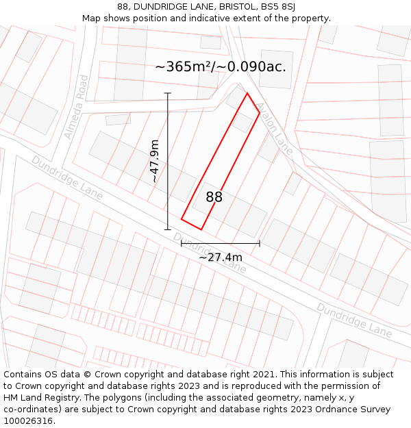 88, DUNDRIDGE LANE, BRISTOL, BS5 8SJ: Plot and title map